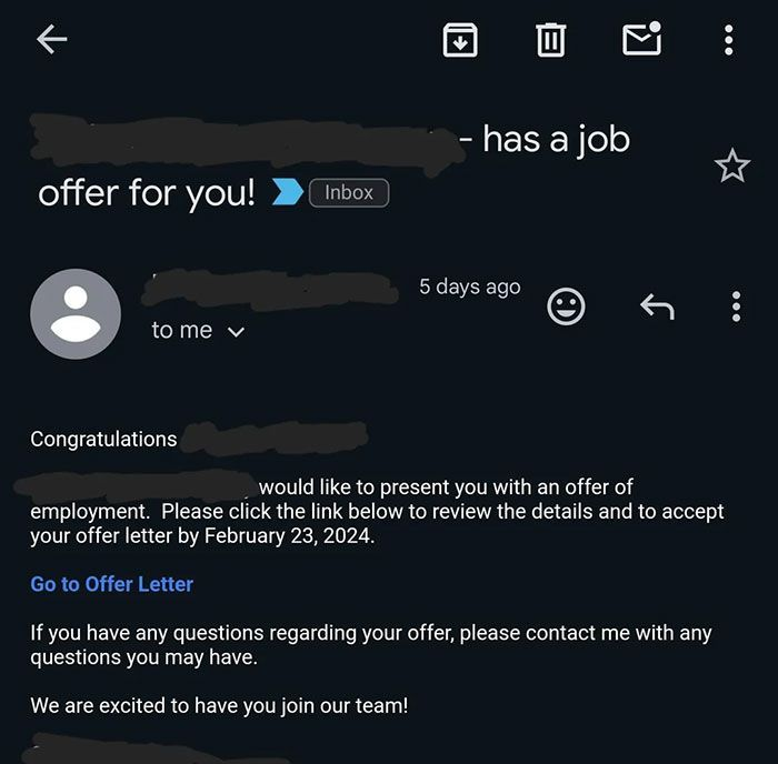 Job offer email — subject line: has a job offer for you